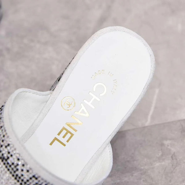 CC 2026 Rhinestone Mules Block Heel And Lettered Design Leather 778400