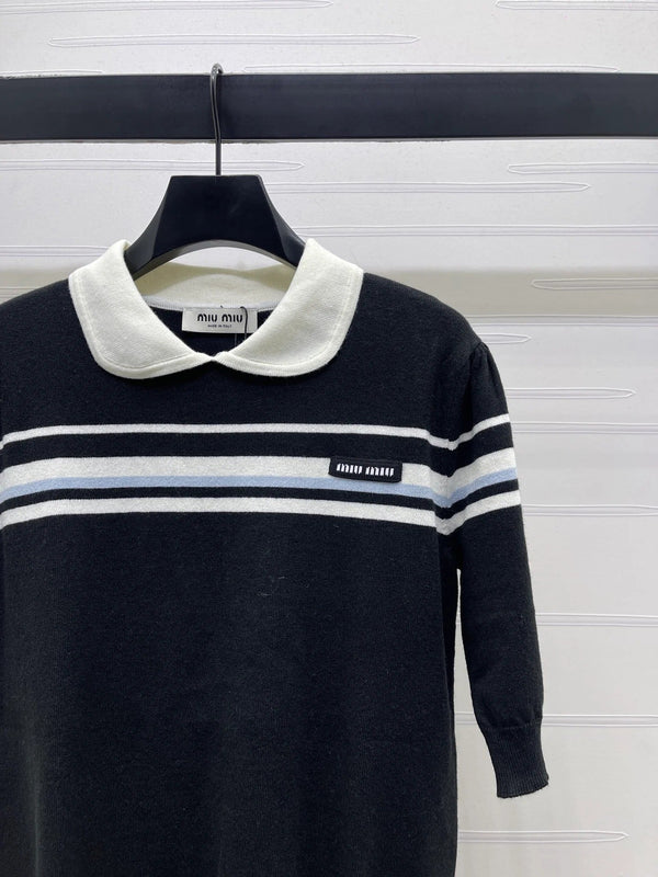 Haut à manches courtes en maille à col claudine Miumiu 2026, crème et noir, Tencel 352458