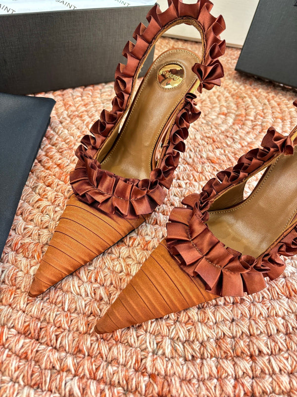 YSL 26ss Slingback Camel Brown Silk Leather 648841