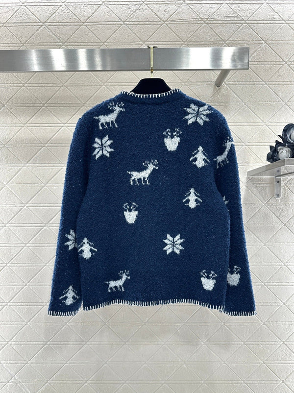 CC 26 Cardigan motif flocon de neige bleu mélangé laine blanche 329713