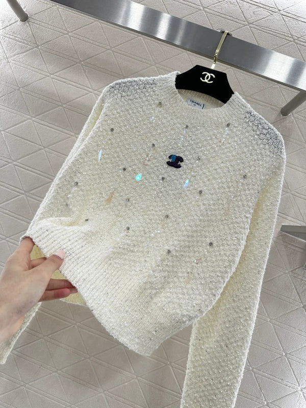 Pull ras du cou orné de sequins CC 26 crème rouge laine 331243