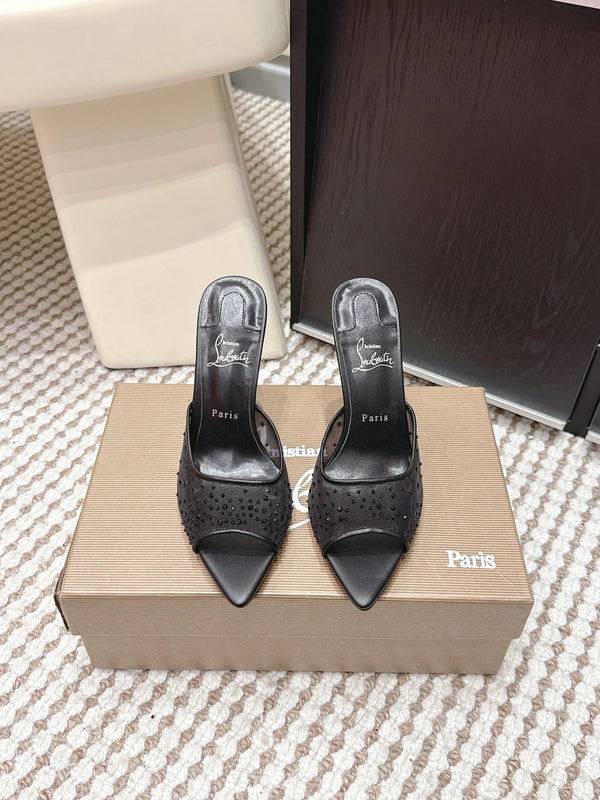 CL 26SS High-Heeled Slippers 100 Black Mesh Rhinestone Leather 658054