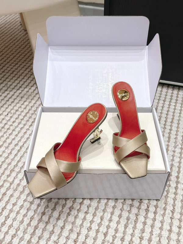 Mules à talons hauts YSL 26ss 85 or champagne cuir satin rouge 660674