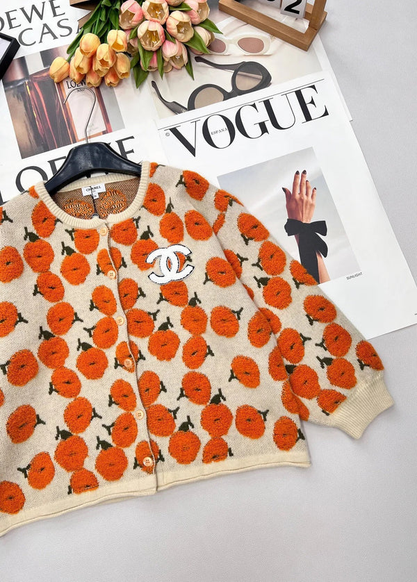 Gilet à motif floral CC 26 Laine Cachemire Orange Beige 785282