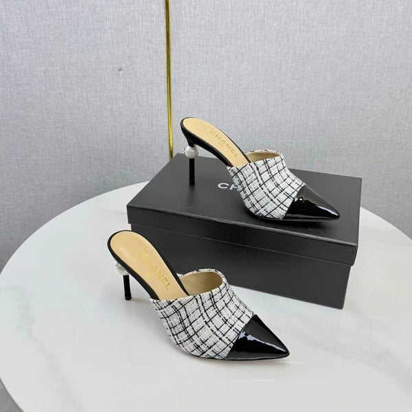 CC 2026 Pointy Heeled Mules 85mm Tweed Pearl 801951