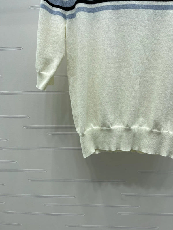 Haut à manches courtes en maille à col claudine Miumiu 2026, crème et noir, Tencel 352458