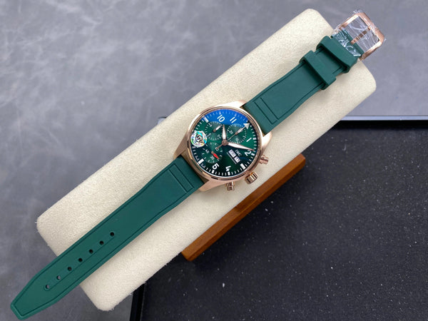 IWC Pilot's Chronograph 41 Pink Gold Case Green Dial Rubber Strap