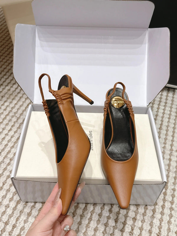 YSL 26ss Slingback 75 Camel Brown Sheepskin 654718