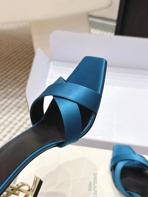 YSL 26ss High-Heeled Mules 85 Blue Black Satin Leather 660670