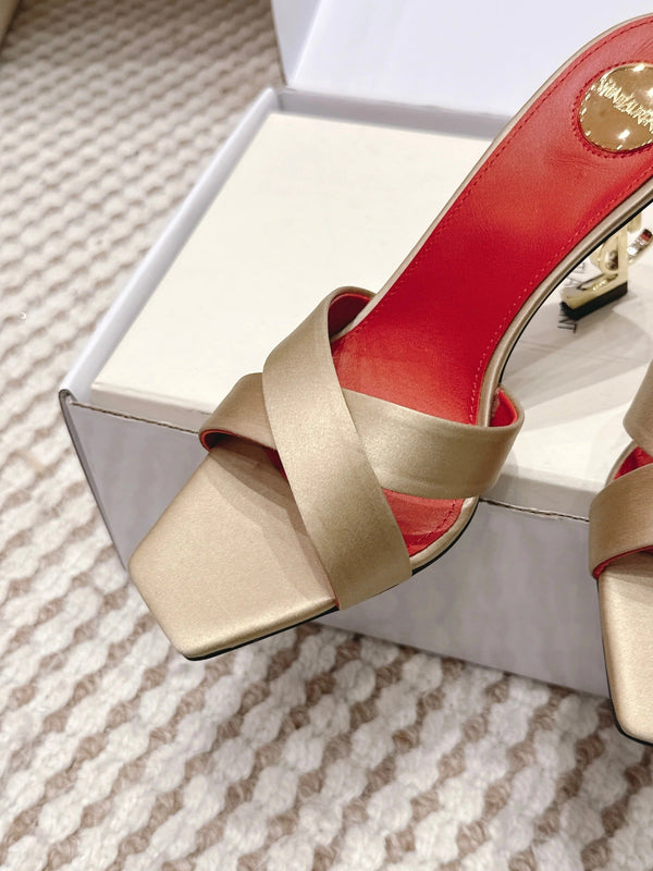 Mules à talons hauts YSL 26ss 85 or champagne cuir satin rouge 660674