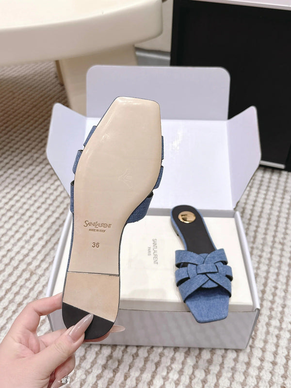 YSL 26ss Flat Slippers Blue Denim Leather 654727