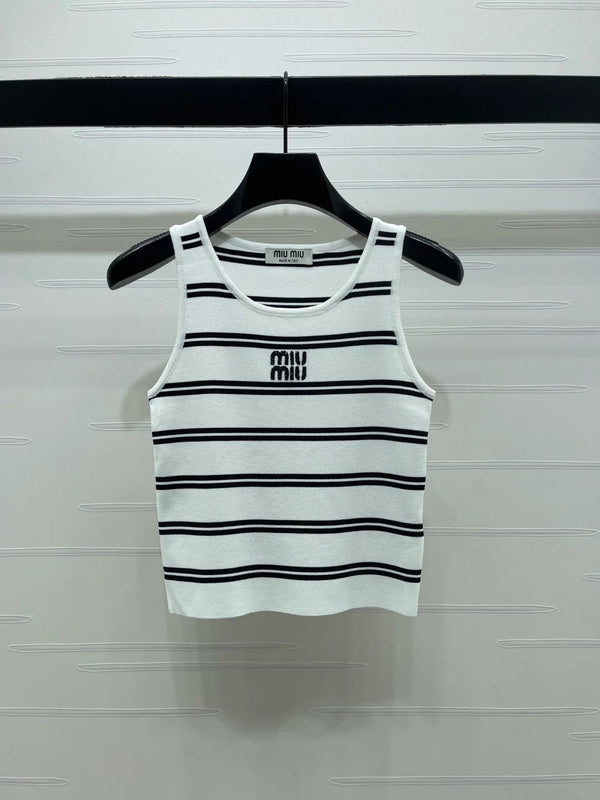Miumiu 2026 Gilet en maille rayée col rond laine noir et blanc 352631