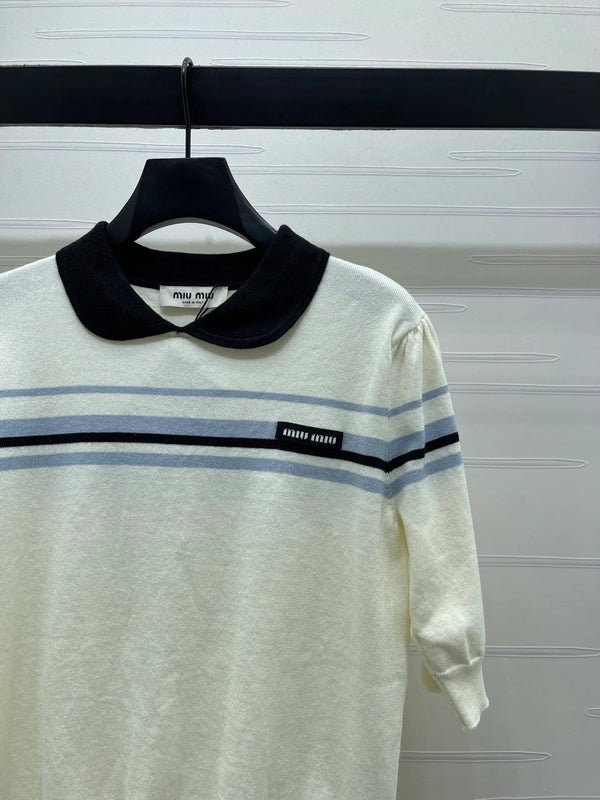 Haut à manches courtes en maille à col claudine Miumiu 2026, crème et noir, Tencel 352458