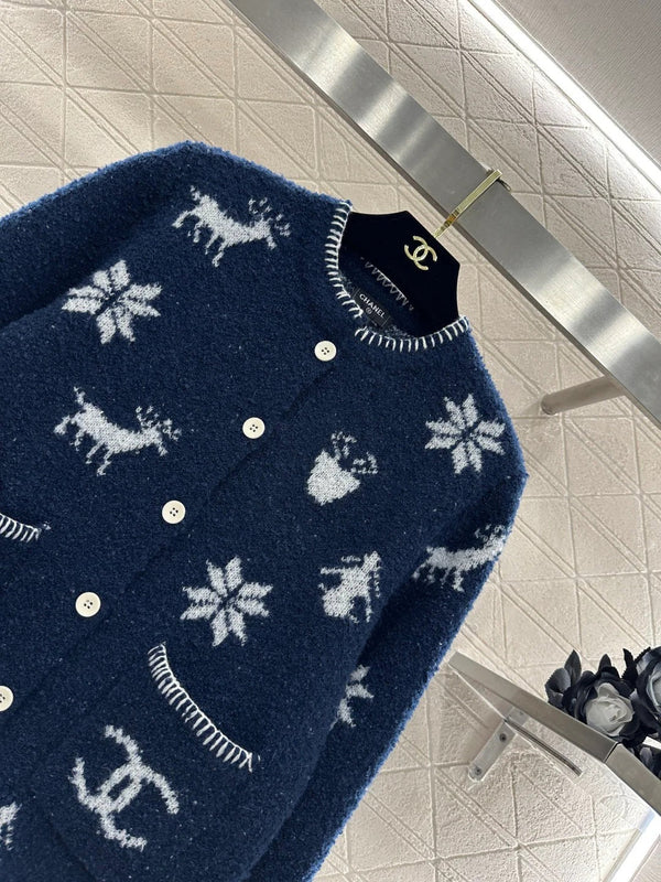 CC 26 Cardigan motif flocon de neige bleu mélangé laine blanche 329713