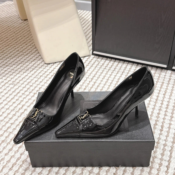 YSL 26ss High Heel Pumps 75 Black Patent Leather 654702