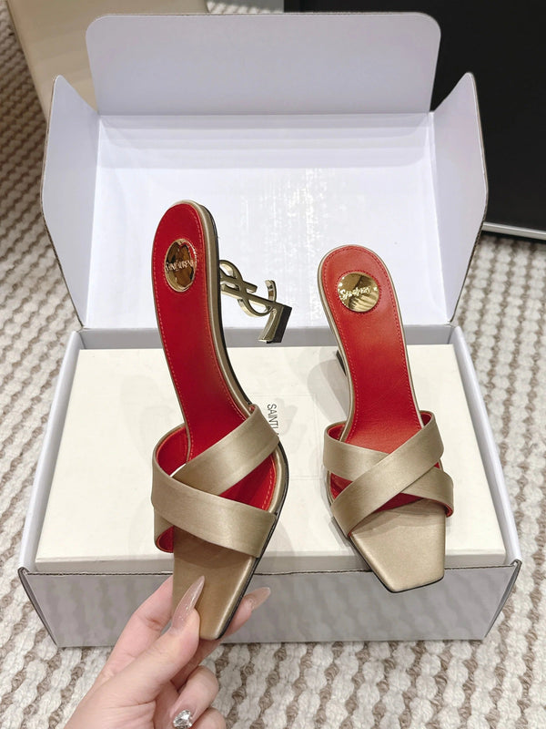Mules à talons hauts YSL 26ss 85 or champagne cuir satin rouge 660674