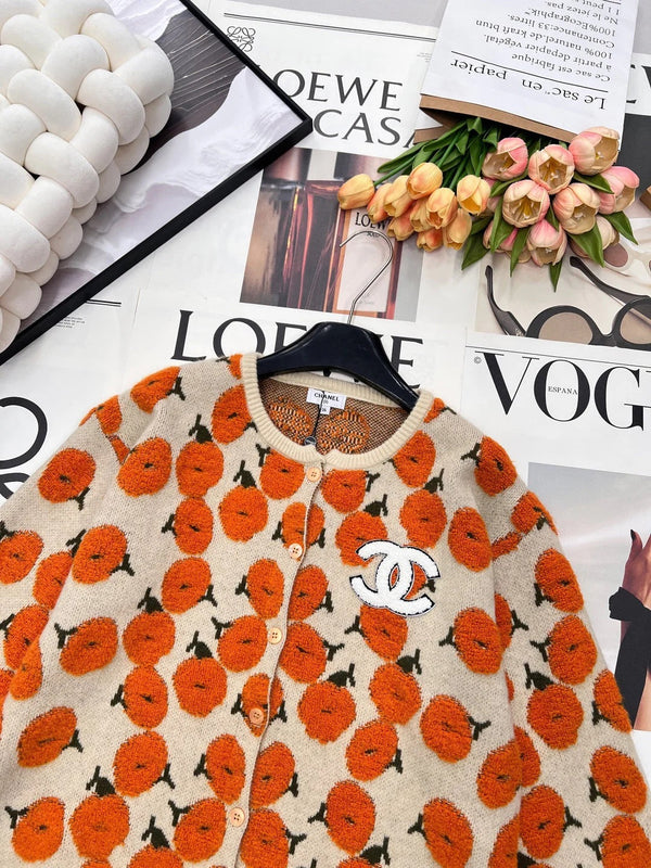 Gilet à motif floral CC 26 Laine Cachemire Orange Beige 785282