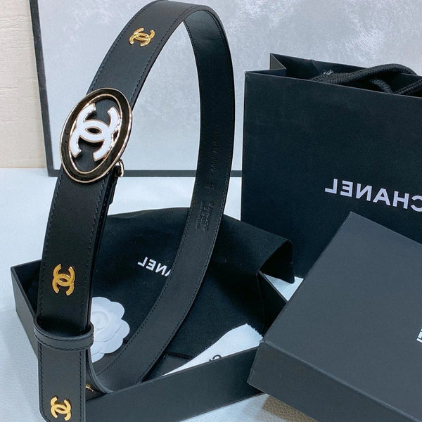 CC 30MM BELT IN BLACK EMBROIDERED CALFSKIN WHITE MIX BLACK METAL LOGO GOLD HARDWARE