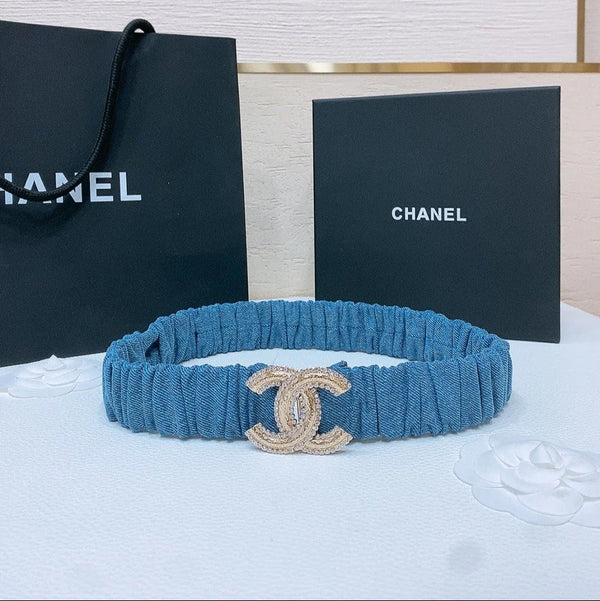 CINTURA ELASTICA DOPPIA C 30MM IN DENIM BLU FIBBIA ORO CRISTALLO RILIEVO