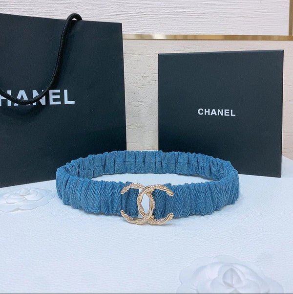 CINTURA ELASTICA DOPPIA C 30MM IN DENIM BLU FIBBIA CON CRISTALLI ORO