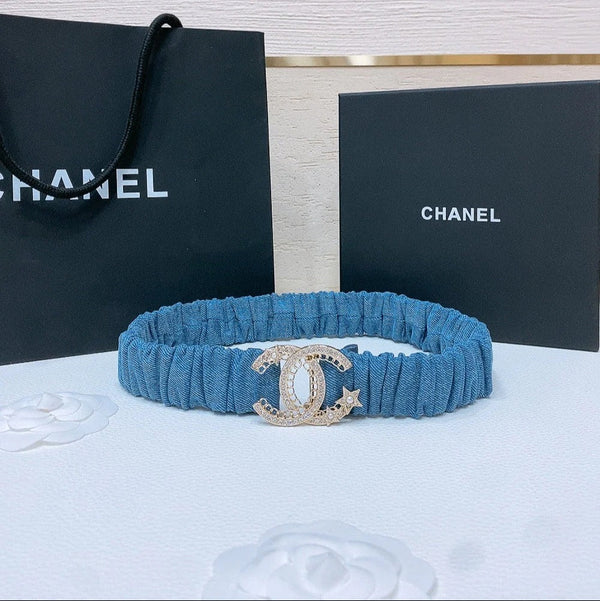 CINTURA ELASTICA DOPPIA C 30 MM IN DENIM BLU FIBBIA DECORATA CON STELLA DI CRISTALLI ORO
