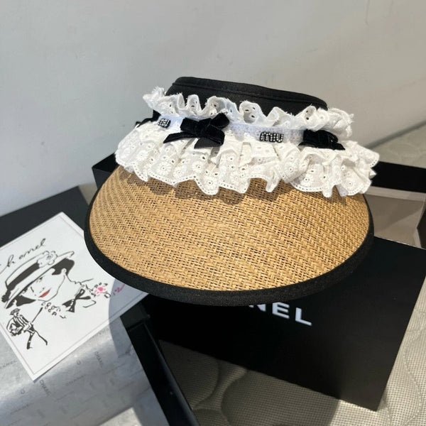 CAPPELLO DI PAGLIA APERTO MM IN TESSUTO CON OCCHIELLI BIANCO MIX BEIGE