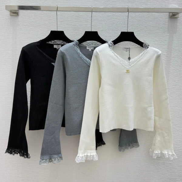 CC 26 Haut à manches longues avec décolleté et poignets en dentelle Laine 652456