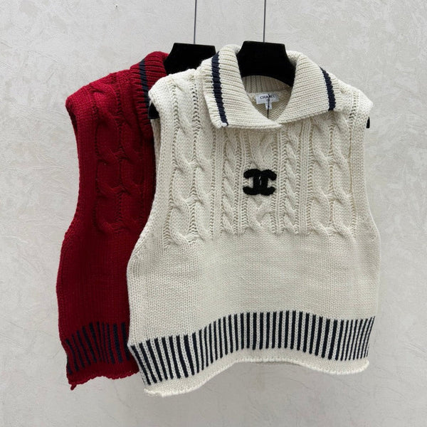 CC 26 Gilet en maille collerette rouge et crème en laine 331417