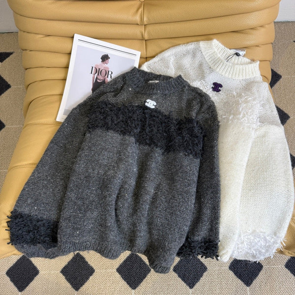 Pull CC 26 en maille de laine grise et blanche 240318