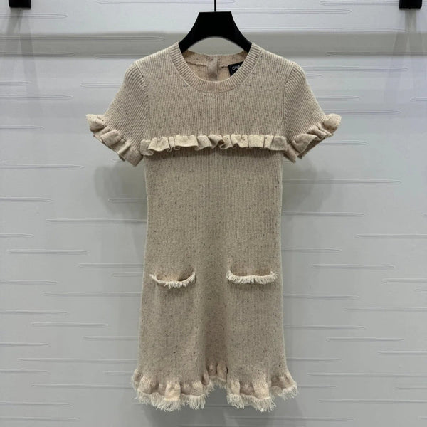 CHANEL SHORT-SLEEVE KNIT DRESS WITH RUFFLED TRIMS 274885