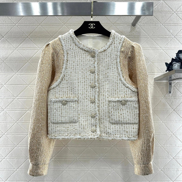 CC 26 Gilet Veste Patchwork Beige Blanc Laine Coton 331228
