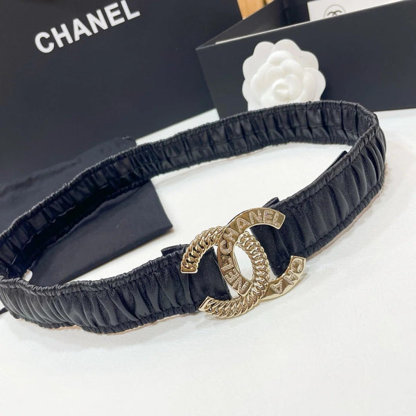 CINTURA ELASTICA DOPPIA C 30MM IN PELLE DI VITELLO NERA FIBBIA CON CRISTALLI ORO