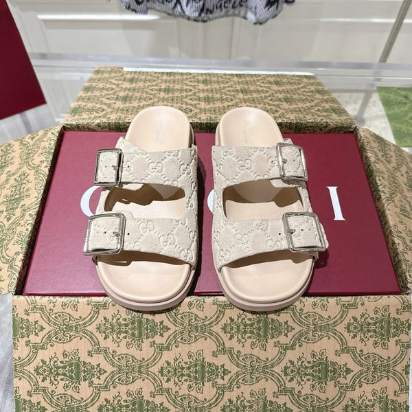 SANDALS IN NUDE BEIGE SUEDE EMBOSSED LOGO SILVER HARDWARE