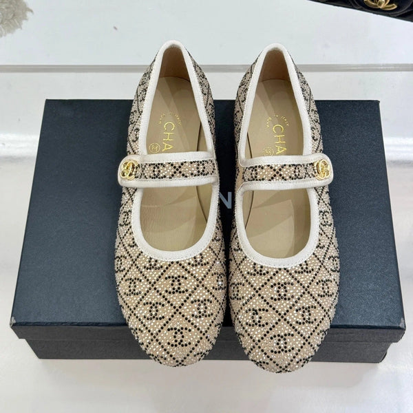 CC Flat Mary Jane 25ss In Beige Embellished With Rhinestones
