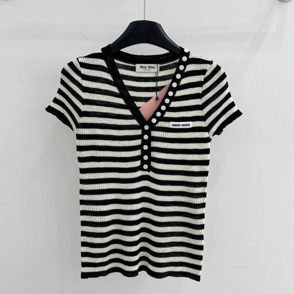 Miu 2026 Half-button Striped Knit Top Black White Wool 521196