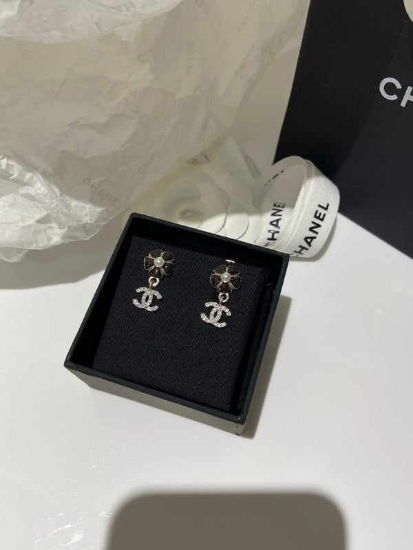CC Pendentif Fleur Boucles d'Oreilles Diamant Noir Argent