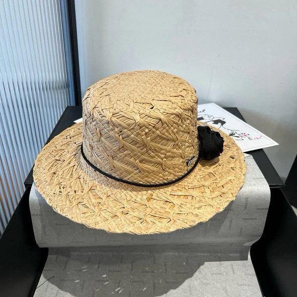 CAPPELLO DI PAGLIA MM IN RAFIA BEIGE CON DECORO DI FIORI NERI