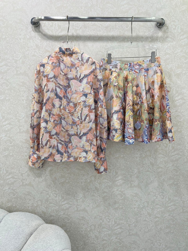 ENSEMBLE HAUT À COL MONTANT CLOUTÉ IMPRIMÉ ZIMMER ET JUPE ÉVASÉE TAILLE HAUTE