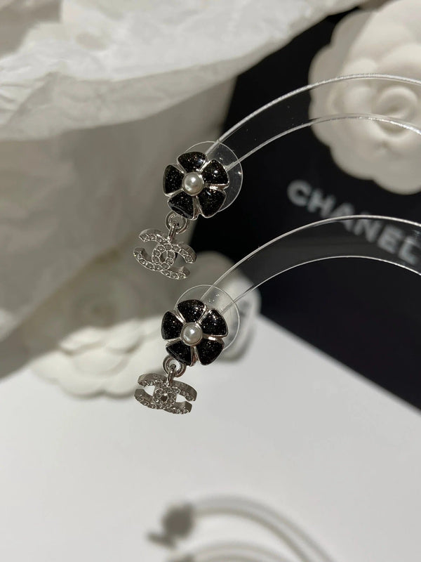 CC Pendentif Fleur Boucles d'Oreilles Diamant Noir Argent