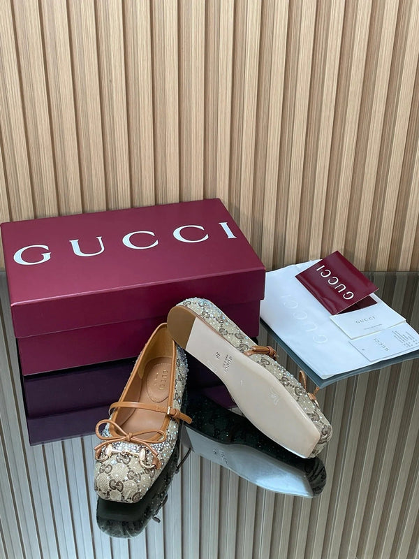 Gucci 2026 Crystal Rhinestone Ballet Flat Beige Brown Canvas Leather 562909
