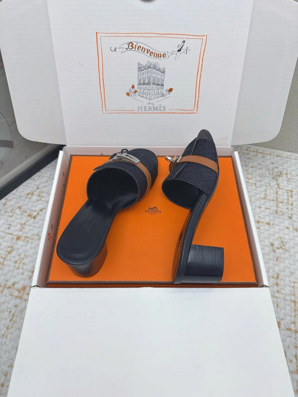 HM 26ss Oasis Sandals Navy Blue Black Denim Cowhide Sliver Buckle 625155
