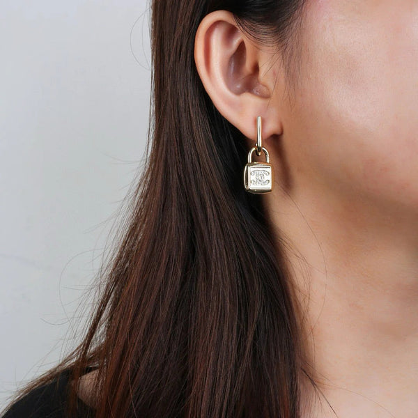 CC Lock Shaped Gold Diamond Earring