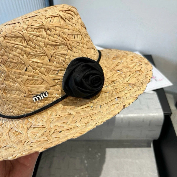 CAPPELLO DI PAGLIA MM IN RAFIA BEIGE CON DECORO DI FIORI NERI