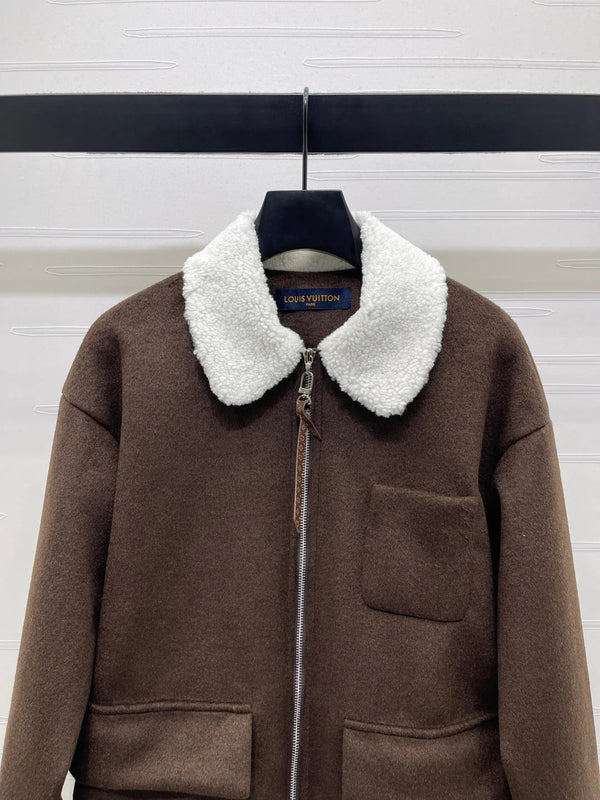 LV 25S KNITTED CARDIGAN WITH SHEARLING COLLAR 0153