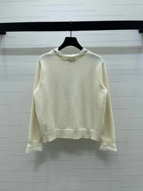CC 26 Gilet en maille bordé de dentelle Crème Laine 340798