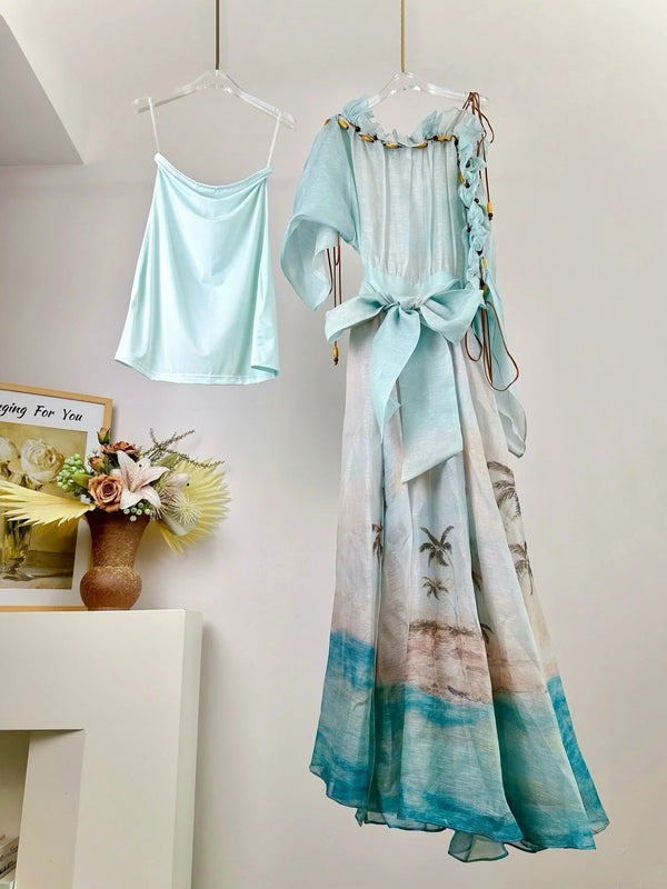 ROBE MIDI EN SOIE ZIMMER BLEU-VERT PASTEL ET VIOLET CLAIR