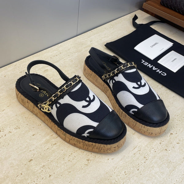CC 26 Slingback Espadrilles Black Sheepskin Canvas 607462