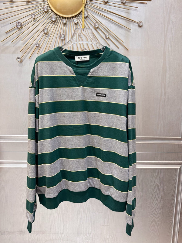 T-shirt Miumiu 2026 rayé manches longues vert mélangé gris coton
