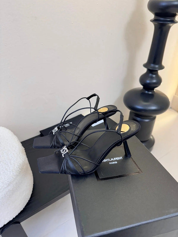 YSL 26ss Square Toe Sandals 70 Black Silk Sheepskin 651706