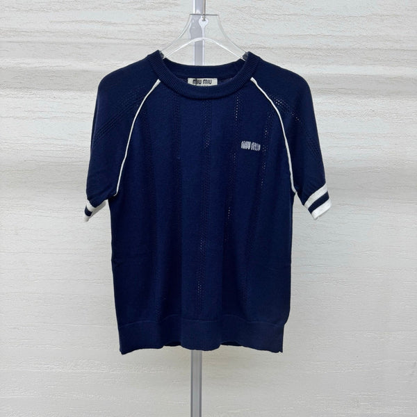 Miumiu 2026 T-shirt Laine Cachemire Bleu Blanc 356971